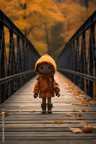 Child doll walking across a bridge in the autumn. Halloween spoky idea photo