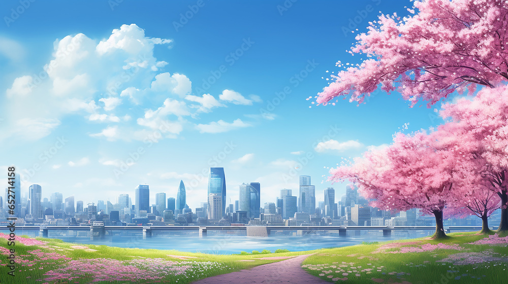 Beautiful spring background nature with Falling pink cherry blossoms and blue sky , big city scenery. Beautiful spring background nature with Falling pink cherry blossoms and blue sky , big city scenery.
