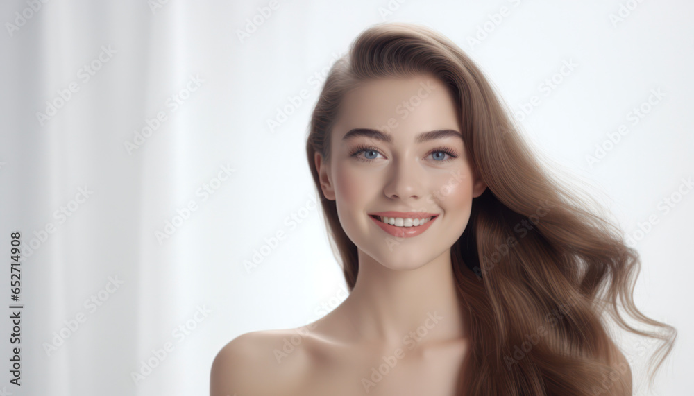 Elegant lady with a vibrant complexion and joyful smile against a natural background, perfect for beauty and cosmetics advertising, isolated on white,banner