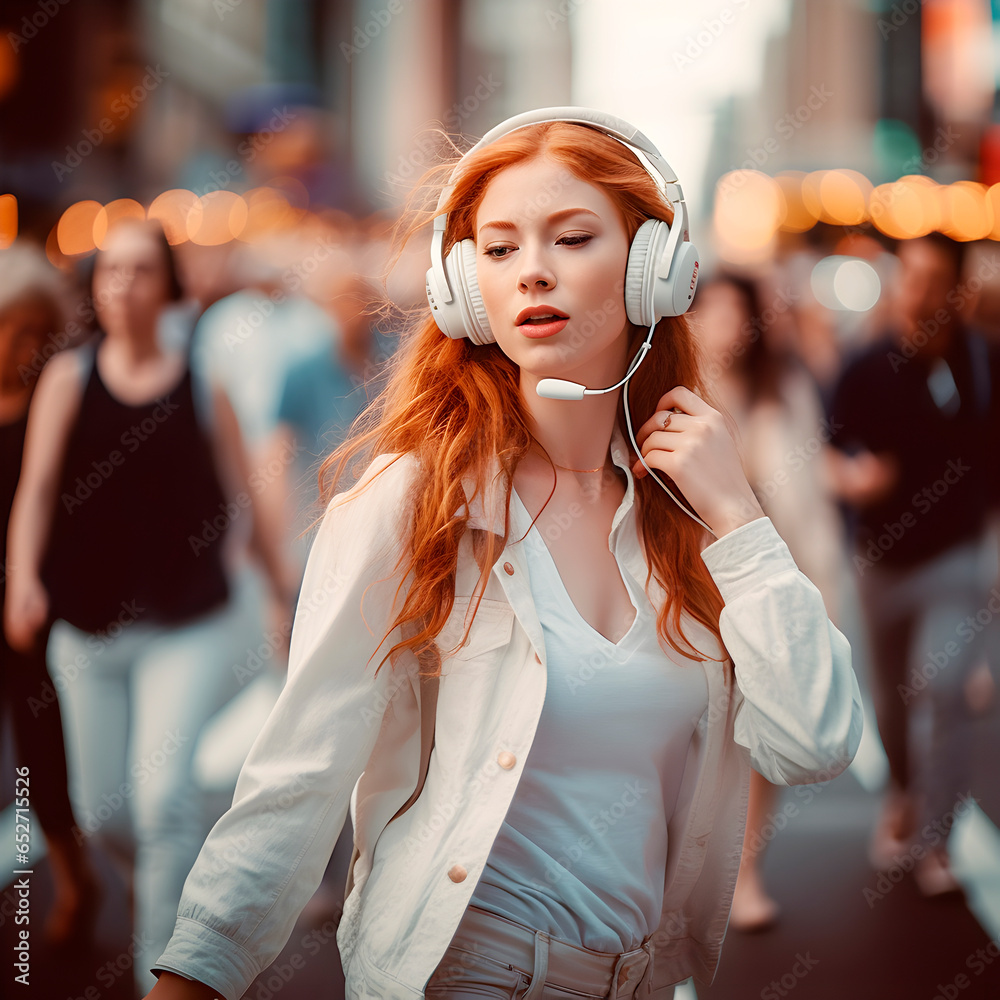 Hermosa mujer hablando a través de micrófono y auriculares conectada a un teléfono inteligente en una gran ciudad. Concepto de telefonía e internet. - obrazy, fototapety, plakaty 
