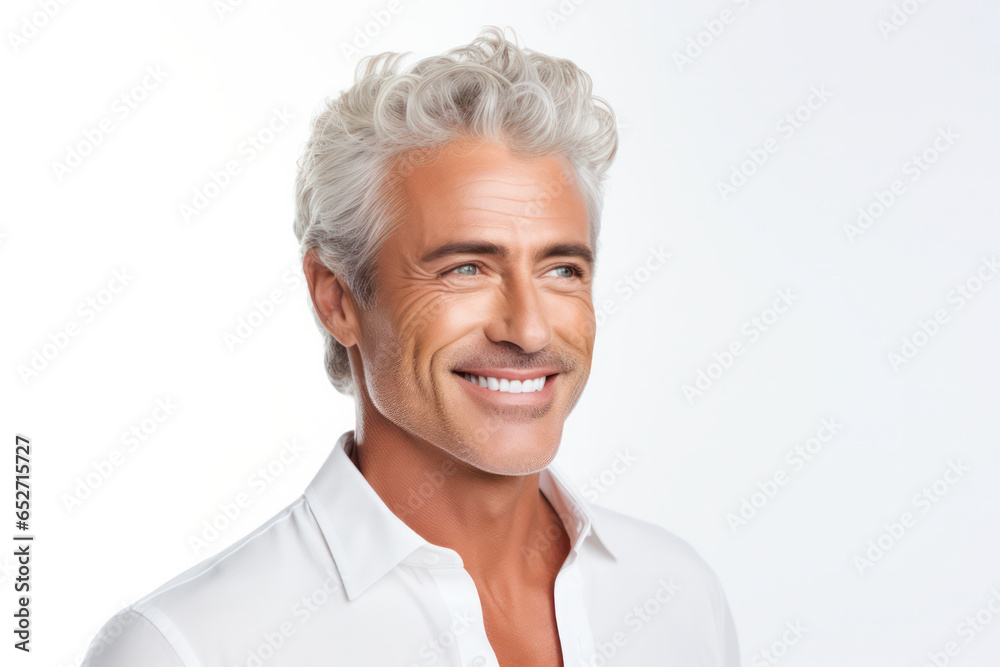 Elegant mature man with a joyful smile and vibrant complexion, perfect for beauty and cosmetics advertising, isolated on white background,banner Elegant mature man with a joyful smile and vibrant complexion, perfect for beauty and cosmetics advertising, isolated on white background,banner