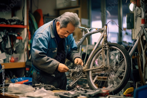 Expert Japanese Bicycle Repairman, Demonstrating His Exceptional Craftsmanship and Expertise, Ensures Perfect Repairs in His Fully Equipped Workshop