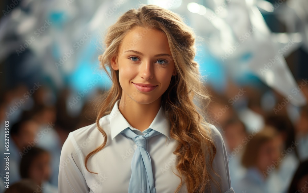 Fototapeta premium A smiling teacher with crossed hands in school class with school class and school children on the background. Generative AI