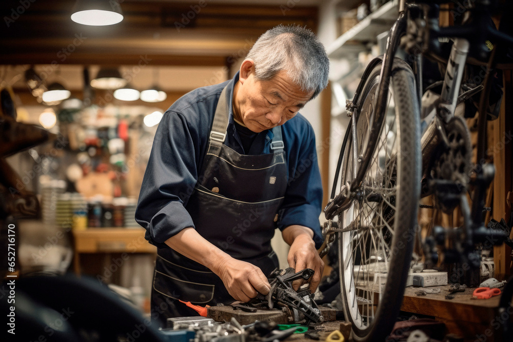 Obraz premium Expert Japanese Bicycle Repairman, Demonstrating His Exceptional Craftsmanship and Expertise, Ensures Perfect Repairs in His Fully Equipped Workshop
