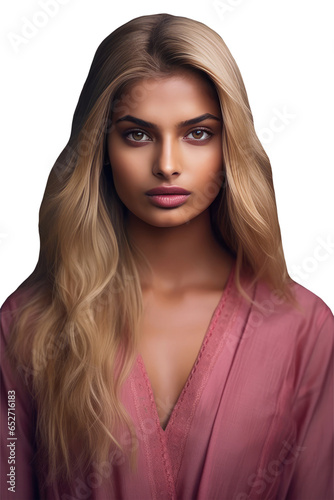 A Fictional Character Created By Generative AI.A Gorgrous Look Brunette Young Lady in Pink Stylish Dress. Beauty or Fashion Character Created By AI Generative. photo