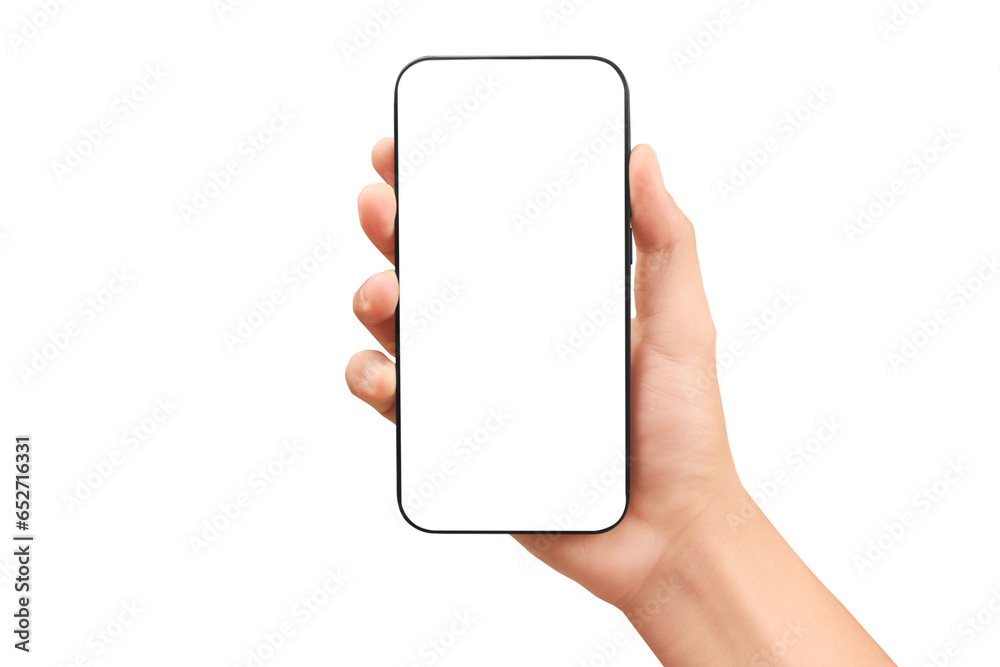 Hand holding smartphone device touching screen Hand holding smartphone device touching screen