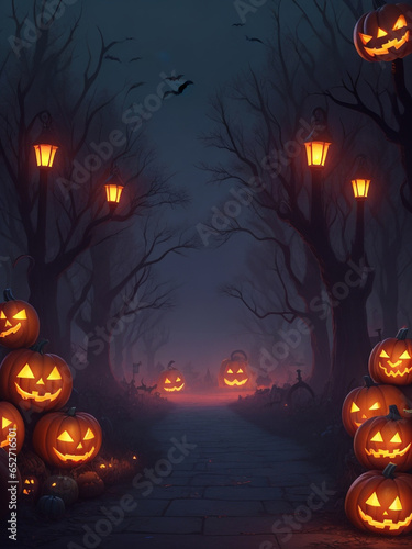 halloween background with pumpkins and bats (Generative AI)