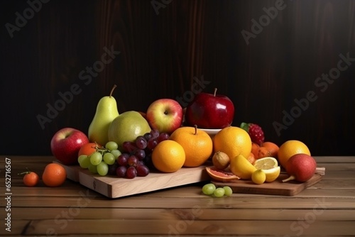 Assorted fruits placed on a wooden kitchen table. Generative AI