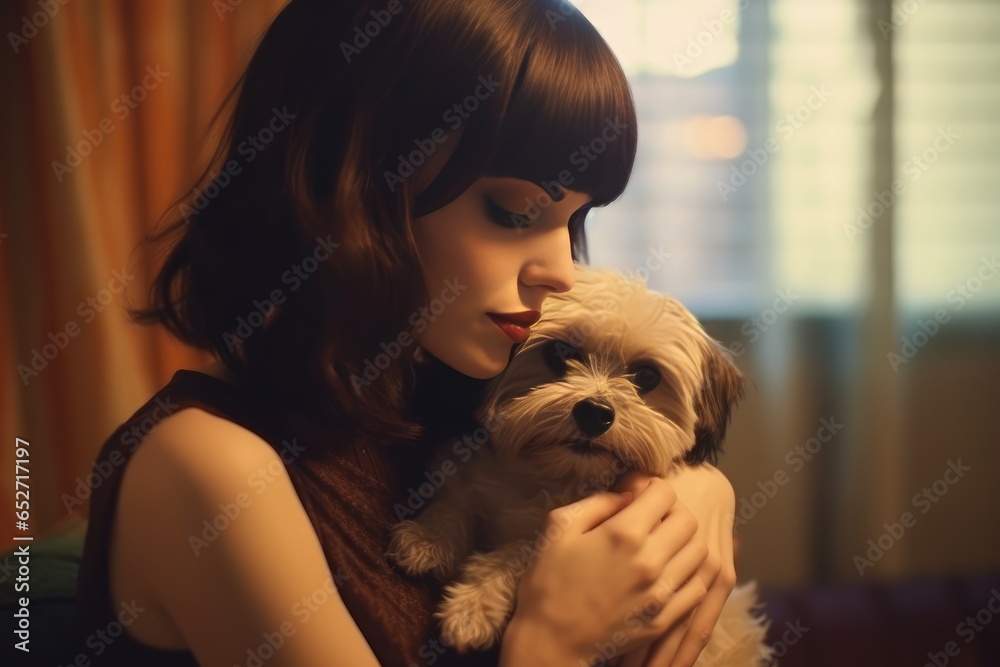 A Fictional Character Created By Generative AI.A woman lovingly holding a small dog in her arms.