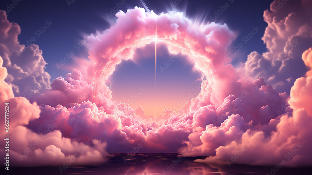round frame arch among pink clouds, banner watercolor soft colors softpastel, heavenly paradise atmosphere - obrazy, fototapety, plakaty 