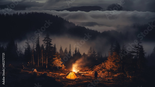 autumn campfire and tent in the night landscape of autumn mountains wildlife view hiking
