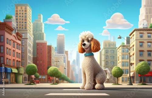 Cute cartoon dog on the city street. 3D rendering.