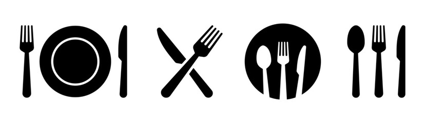 Fork, knife, plate and spoon. Menu symbol. Restaurant icon. Food, plate, fork, knife, spoon, cutlery icon set. Vector