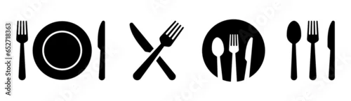 Fototapeta Fork, knife, plate and spoon. Menu symbol. Restaurant icon. Food, plate, fork, knife, spoon, cutlery icon set. Vector