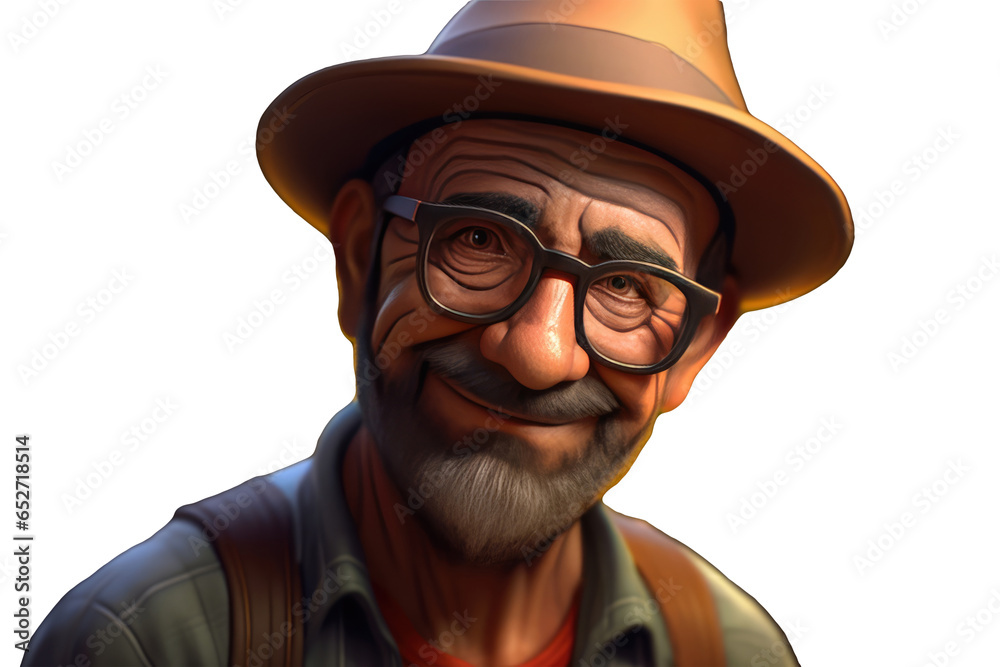 A Fictional Character Created By Generative AI.Closeup Portrait of a Smiling Senior Man Wearing Eyeglasses and Hat. Generative AI.