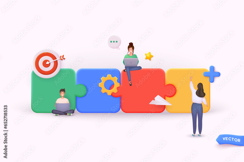 Obraz premium Metaphor of partnership.Business concept. Workflow, colleagues working on same project. 3D Web Vector Illustrations.