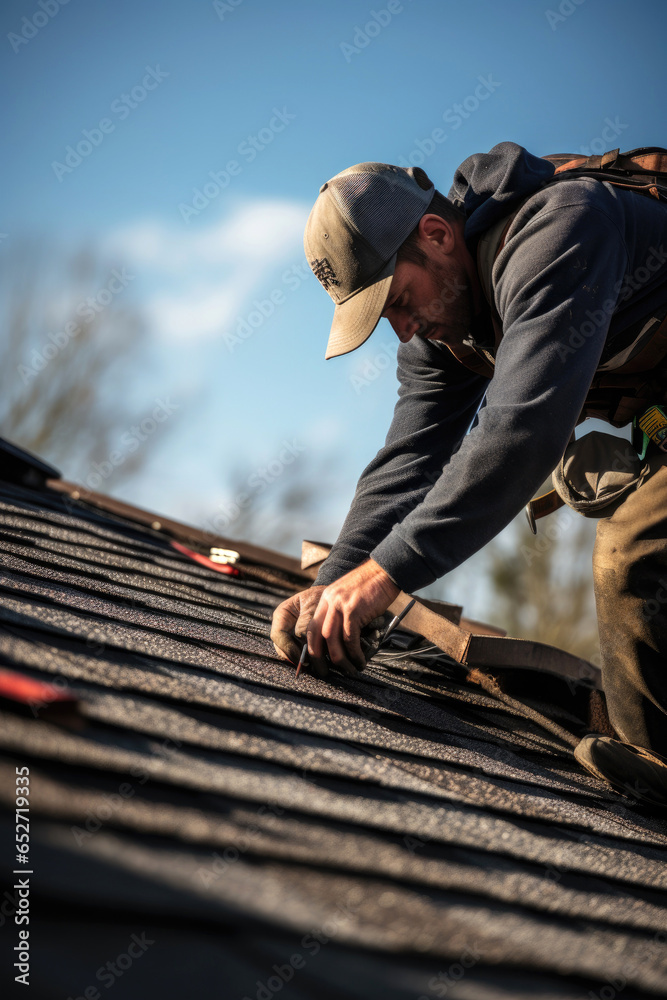 Roofer is working on top of home roof. Generative AI