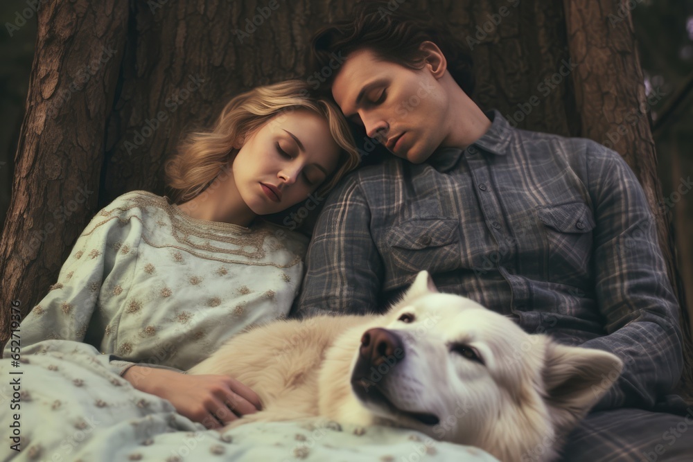 A Fictional Character Created By Generative AI.A Couple Cuddling with Their Adorable White Dog A Fictional Character Created By Generative AI.A Couple Cuddling with Their Adorable White Dog
