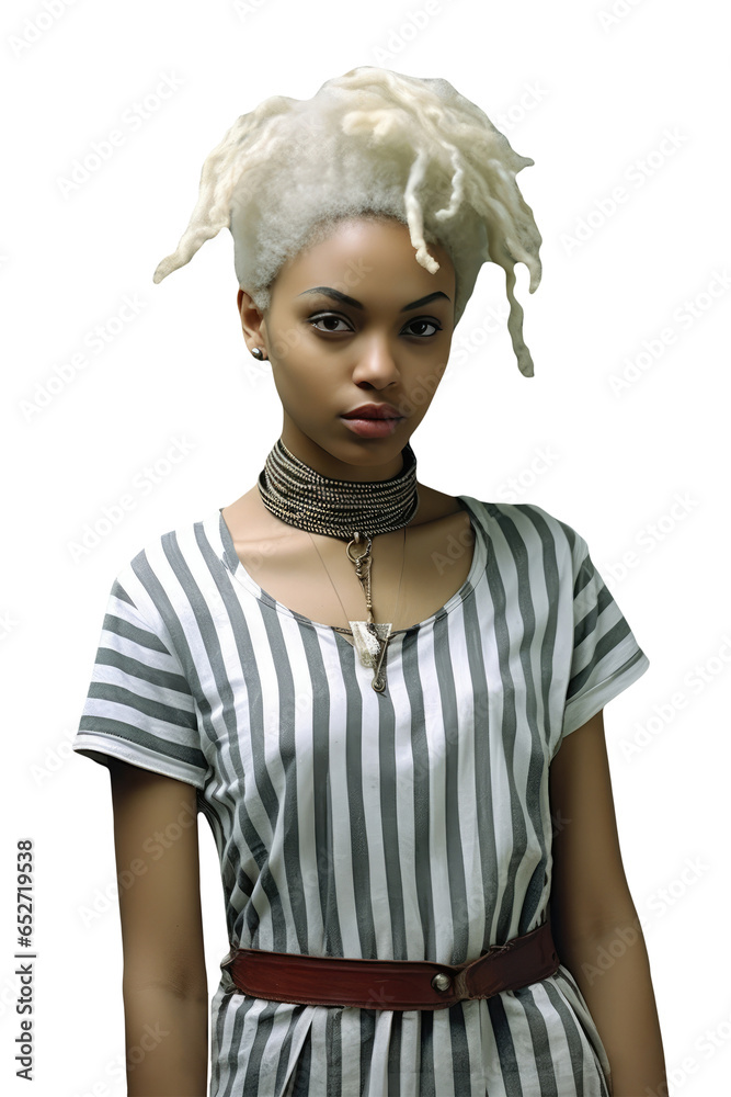 A Fictional Character Created By Generative AI.Fashion Portrait of A Freaky Hairstyle Woman Wearing Metal Necklace in Black and White Attire. Generative AI.