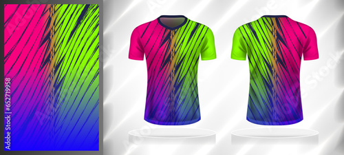 Vector sport pattern design template for V-neck T-shirt front and back with short sleeve view mockup. Shades of blue-green-pink color gradient abstract grunge texture background illustration.