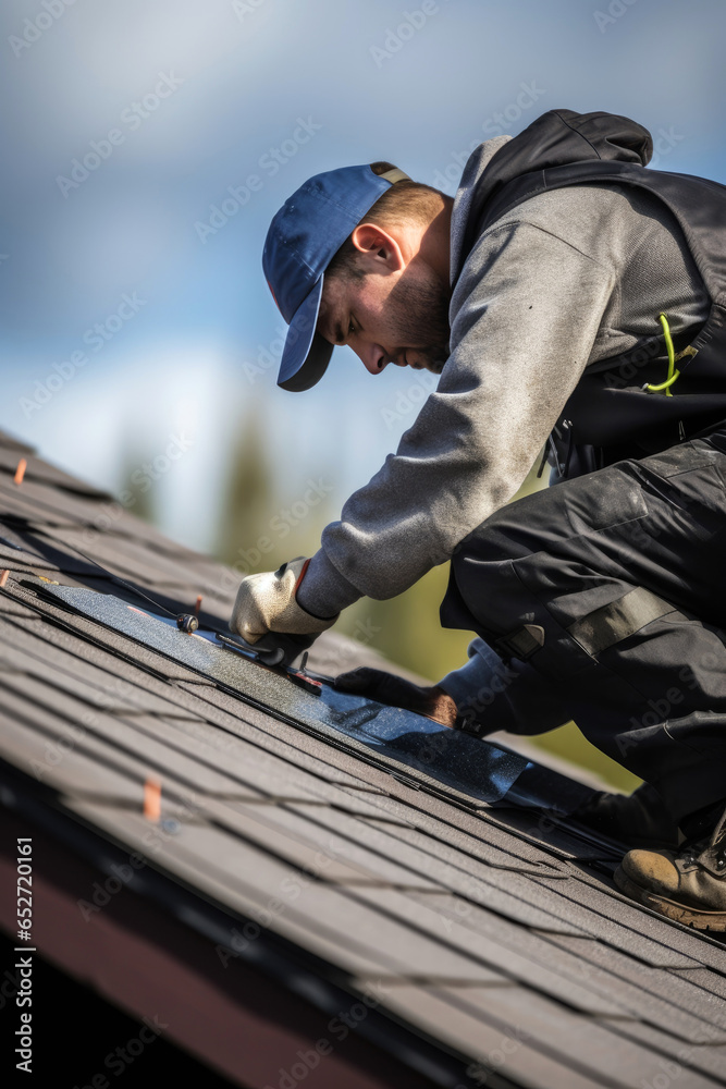 Roofer is working on top of home roof. Generative AI Roofer is working on top of home roof. Generative AI