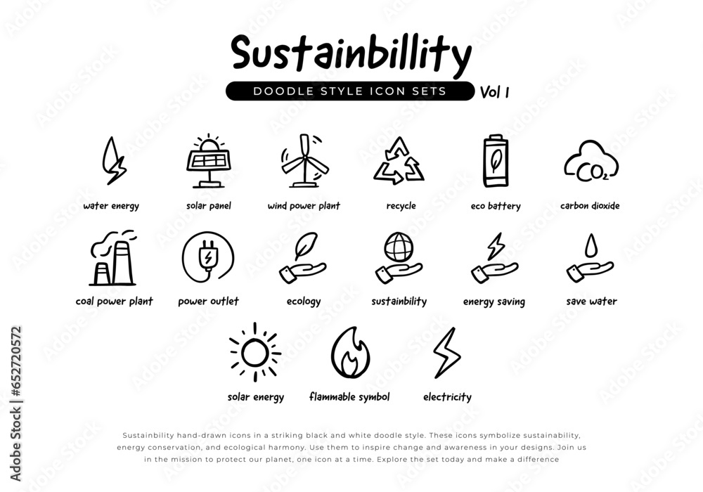 Set of sustainability green energy and ecology doodle hand drawn line icons. Volume 1 of Icons set for renewable energy, green technology and ecology. vector illustration - obrazy, fototapety, plakaty 