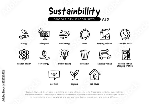 Set of sustainability green energy and ecology doodle hand drawn line icons. Volume 3 Icons set for renewable energy, green technology and ecology. vector illustration