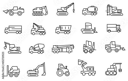Construction machinery icons set. excavator, truck, tractor, equipment vector illustration. editable 