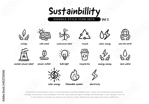 Set of sustainability green energy and ecology doodle hand drawn line icons. Volume 2 Icons set for renewable energy, green technology and ecology. vector illustration