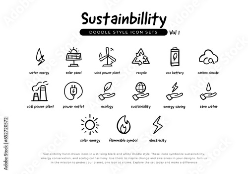 Set of sustainability green energy and ecology doodle hand drawn line icons. Volume 1 of Icons set for renewable energy, green technology and ecology. vector illustration