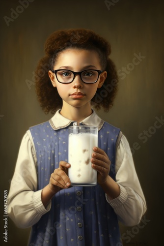 A Fictional Character Created By Generative AI.A Little Girl in Glasses Holds a Milk photo