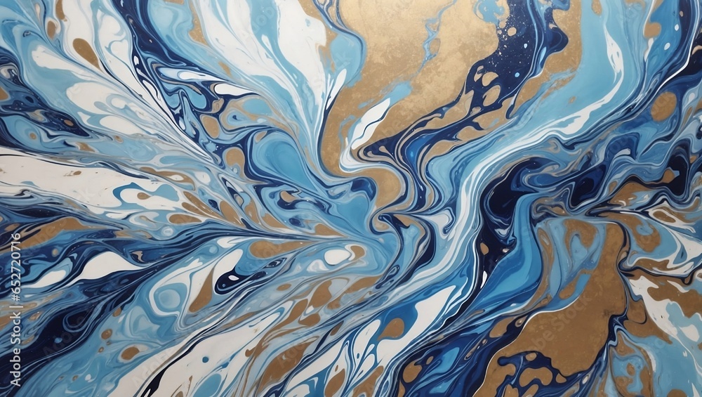 Obraz premium Fluid, marbled artwork in blue and yellow colors, ideal for wallpapers, banners, or illustrations