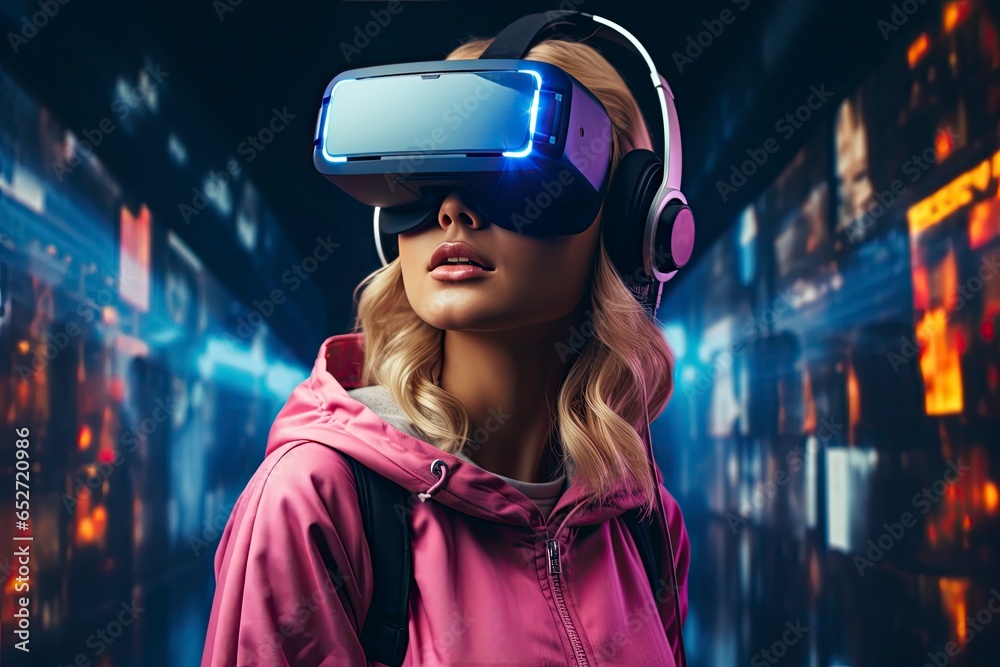 The young woman is using virtual reality viewer. Modern woman portrait with trendy look and bright colors. The young woman is using virtual reality viewer. Modern woman portrait with trendy look and bright colors.