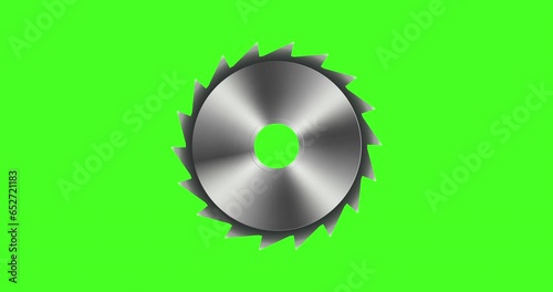 Rotation of a steel rotary saw blade, 4K animation on green screen.