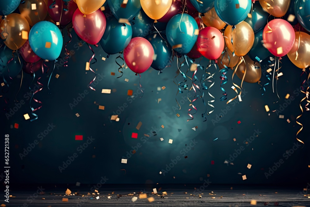 Celebrate festive background with colored balloons and gold sparkles confetti. Dark blue background. - obrazy, fototapety, plakaty 