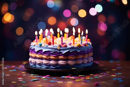 birthday cake with candles on bokeh background (Generative AI) photo