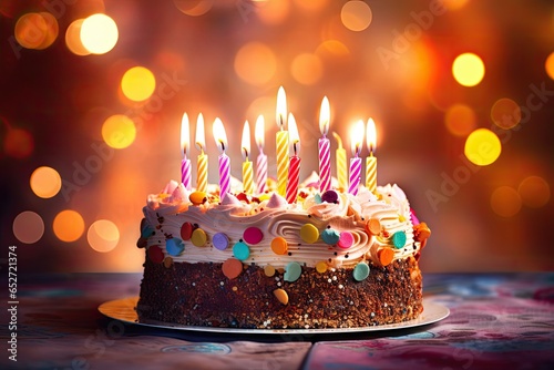 birthday cake with candles on bokeh background (Generative AI) photo