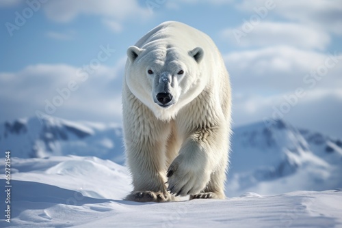 Magnificent Male Polar Bear waking toward the camera with snow background © Tjeerd
