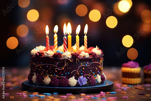 birthday cake with candles on bokeh background (Generative AI) photo