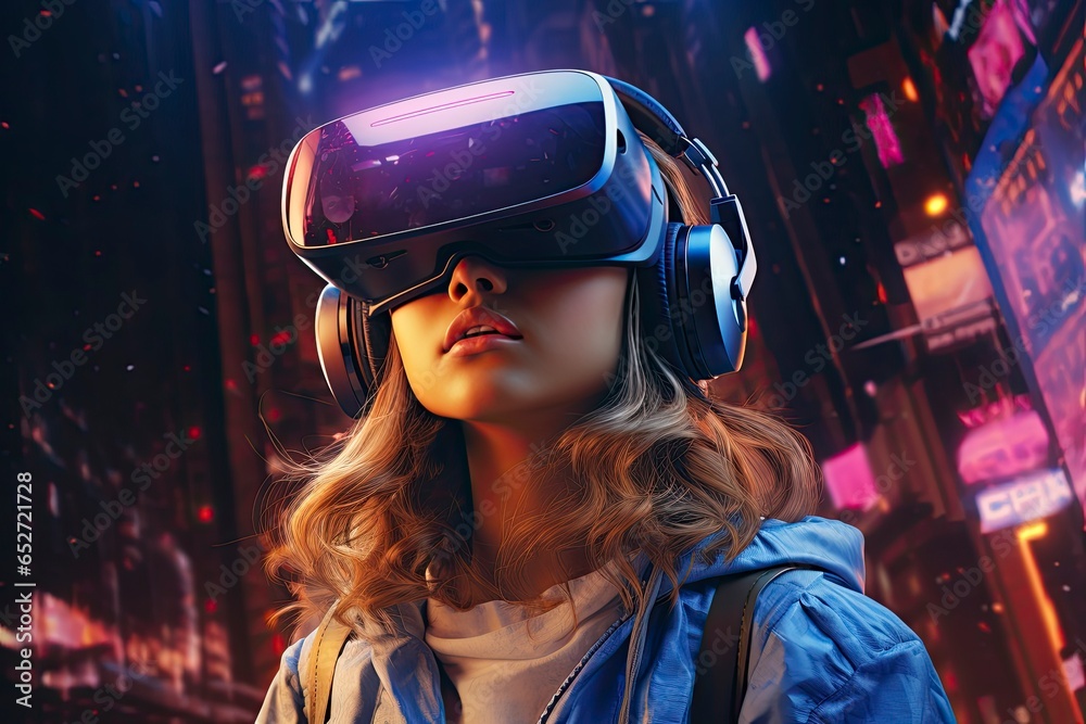 Young woman using glasses of virtual reality on dark background. Smartphone using with VR headset,virtual reality,future technology concept. Young woman using glasses of virtual reality on dark background. Smartphone using with VR headset,virtual reality,future technology concept.