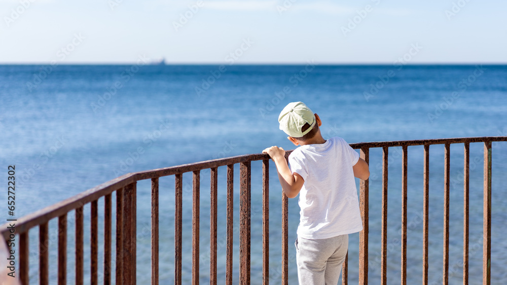 boy looks at the horizon of the sea and ships, travel and active lifestyle