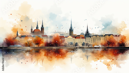 Cityline watercolor painting landscape abstract old european city background white, autumn print poster