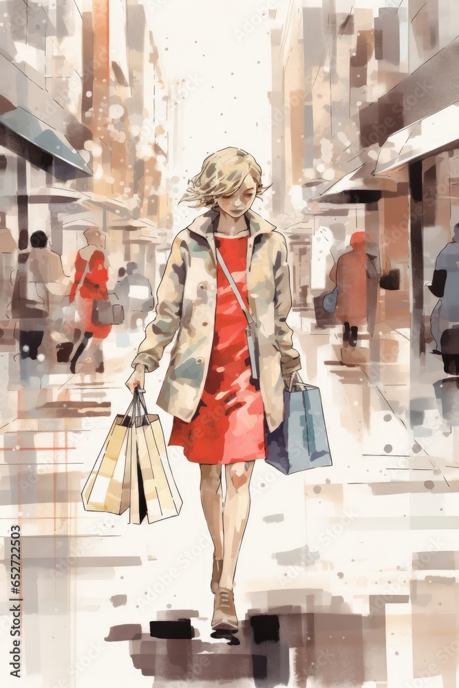 Fototapeta premium A Fictional Character Created By Generative AI.Fashionable woman walking down a city street carrying many shopping bags