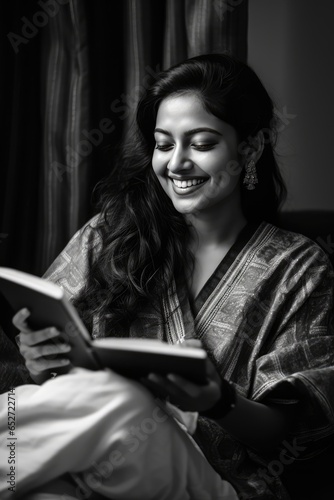 A Fictional Character Created By Generative AI.A woman in a tan shawl is reading a book and smiling, enjoying her time