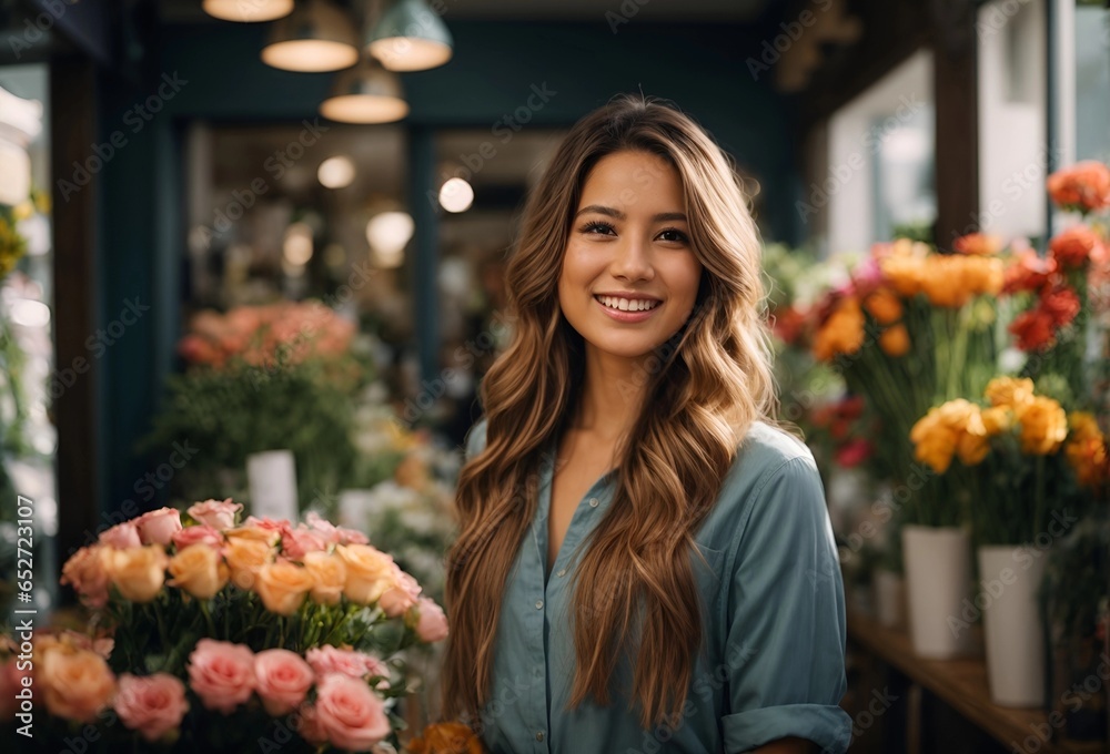 Portrait of a happy beautiful woman standing in her flower shop. Cheerful young saleswoman is waiting for customers of the flower shop. Standing at the entrance is successful small business owner