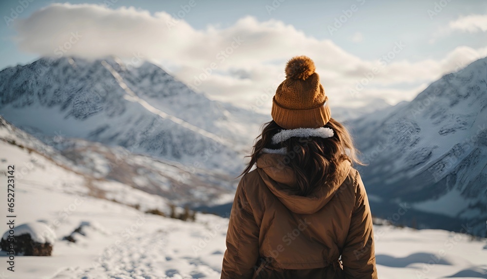 Rear view of a young traveler girl in a wool hat yellow shirt standing over snow-covered mountain peaks. Winter travel scene, wanderlust concept