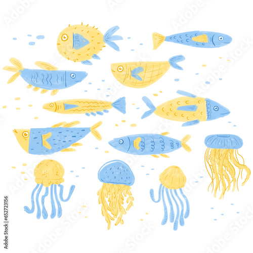 Set of Sea Creatures with Hand Drawn Marker Style