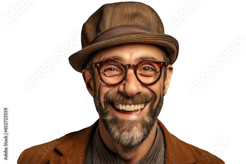 Closeup Portrait of a Smiling Senior Man Wearing Eyeglasses and Hat. Generative AI.