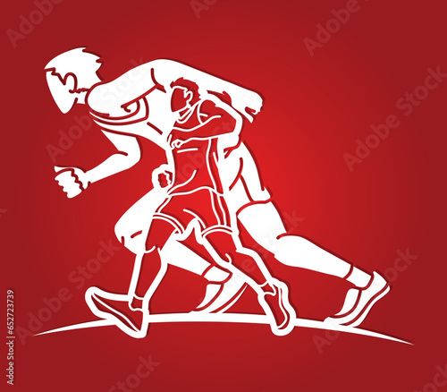 Group of People Running Together Men Runner Mix Action Cartoon Sport Graphic Vector