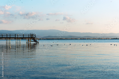 Fototapeta Naklejka Na Ścianę i Meble -  Seagulls resting on the sea, pier, mountains and clouds.